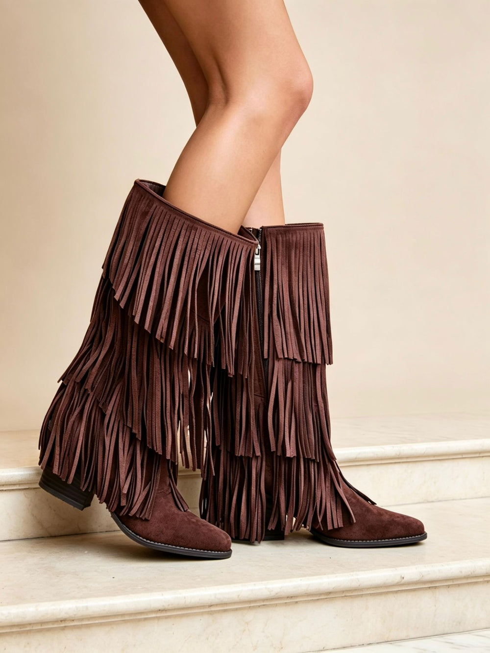 Western Layered Fringe Brown Suede Festival Cowboy Boots