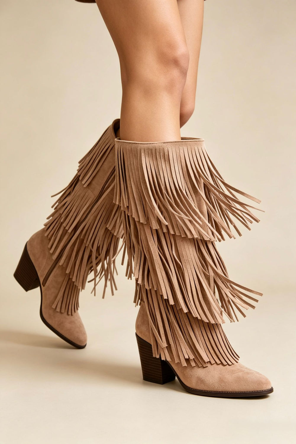 Western Layered Fringe Beige Suede Festival Cowboy Boots