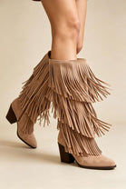 Western Layered Fringe Beige Suede Festival Cowboy Boots