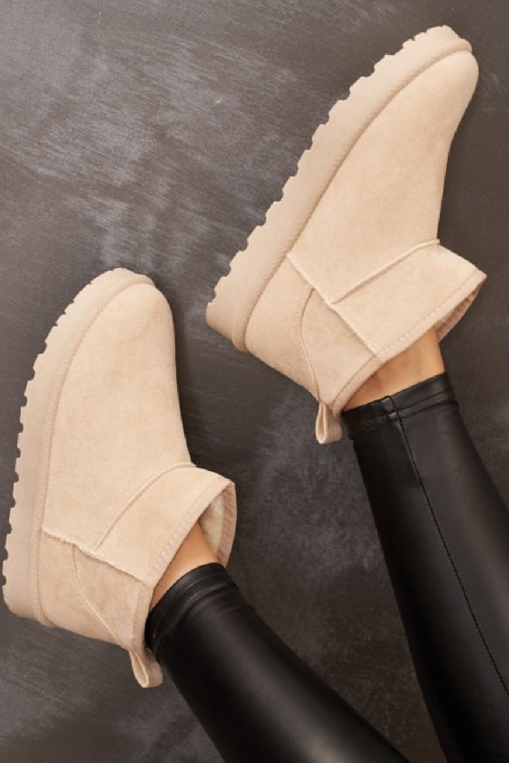 BEIGE FAUX SUEDE ULTRA MINI COZY SNOW ANKLE BOOTS