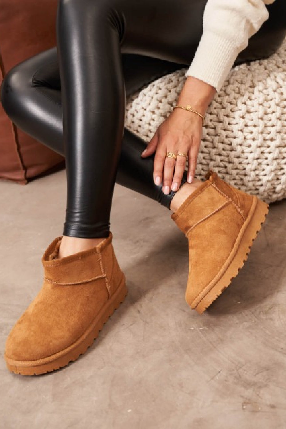CAMEL FAUX SUEDE ULTRA MINI COZY SNOW ANKLE BOOTS