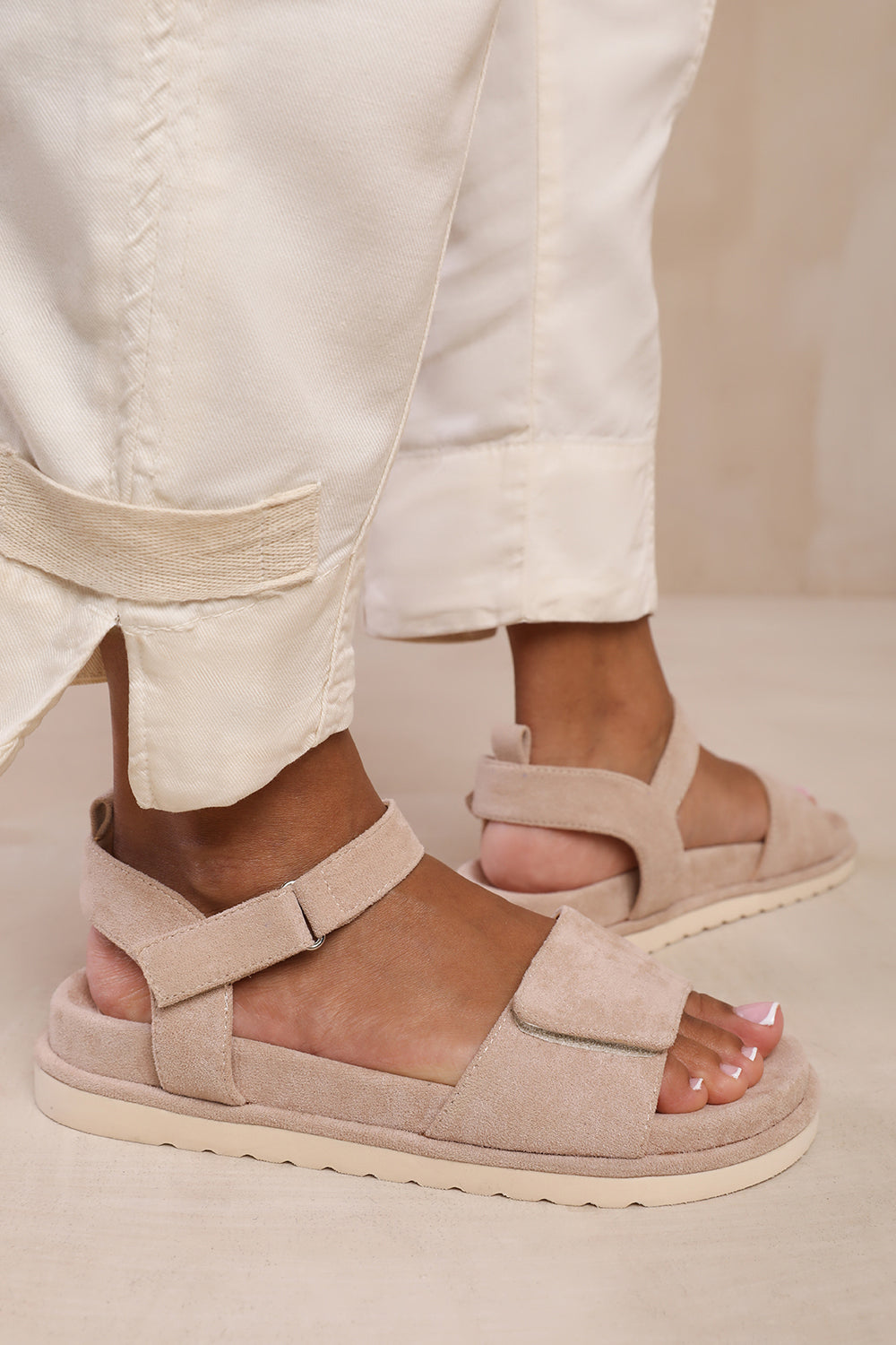 Camel Suede Designer Velcro Strap Sandals
