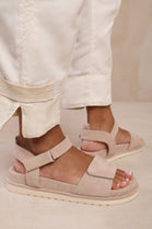 Camel Suede Designer Velcro Strap Sandals
