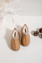 KIDS EMBROIDERY DETAIL FAUX FUR LINING SLIPPERS IN CAMEL 21-24 SIZES