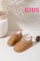 KIDS EMBROIDERY DETAIL FAUX FUR LINING SLIPPERS IN CAMEL 21-24 SIZES
