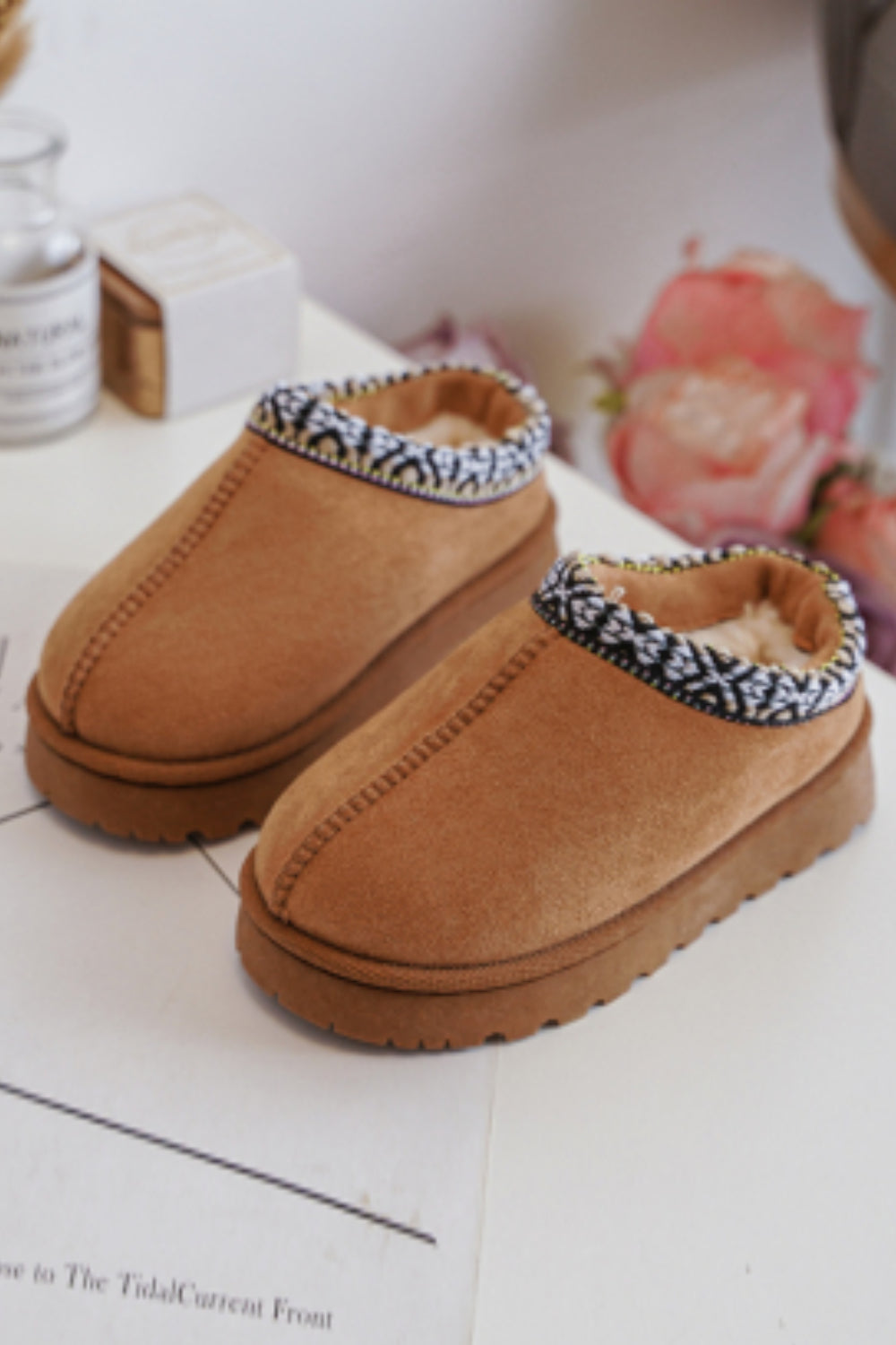 KIDS CAMEL PATTERN DETAIL FAUX FUR SLIPPERS SIZE 25-30