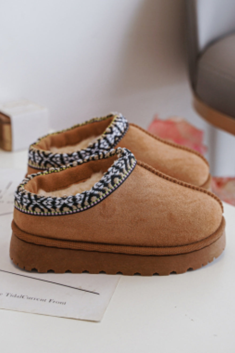 KIDS CAMEL PATTERN DETAIL FAUX FUR SLIPPERS SIZE 31-36