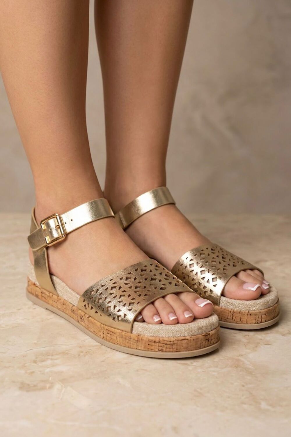 Gold Pu Laser Cut Ankle Strap Cork Wedge Flatforms Summer Sandals - 12 Pairs