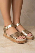 Gold Pu Laser Cut Ankle Strap Cork Wedge Flatforms Summer Sandals - 12 Pairs