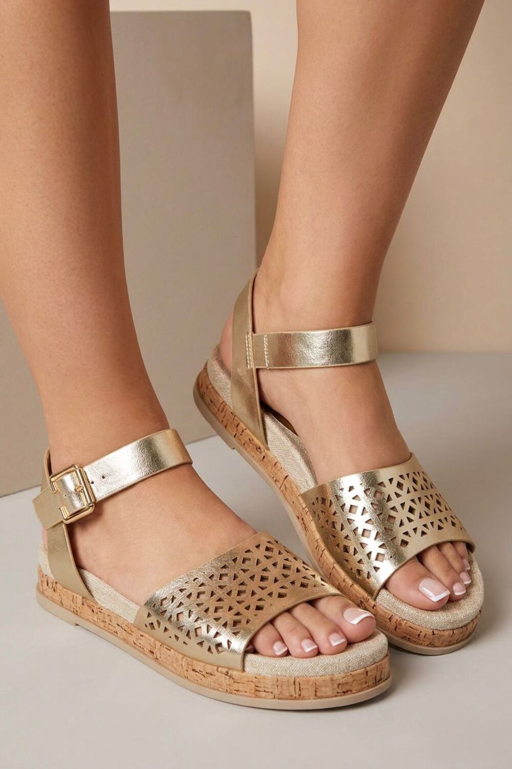 Gold Pu Laser Cut Ankle Strap Cork Wedge Flatforms Summer Sandals - 12 Pairs