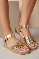 Gold Pu Laser Cut Ankle Strap Cork Wedge Flatforms Summer Sandals - 12 Pairs