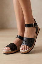 Black Pu Laser Cut Ankle Strap Cork Wedge Flatforms Summer Sandals