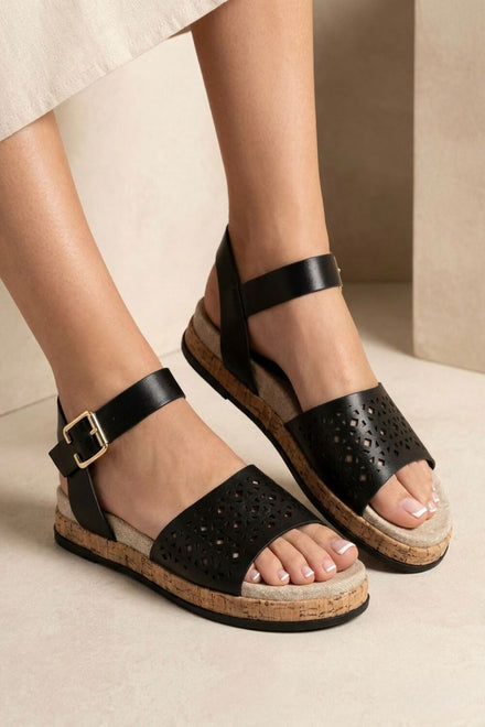 Black Pu Laser Cut Ankle Strap Cork Wedge Flatforms Summer Sandals
