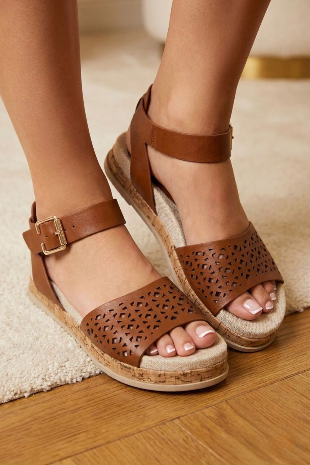 Tan Pu Laser Cut Ankle Strap Cork Wedge Flatforms Summer Sandals - 12 Pairs