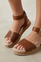 Tan Pu Laser Cut Ankle Strap Cork Wedge Flatforms Summer Sandals - 12 Pairs