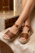 Tan Pu Laser Cut Ankle Strap Cork Wedge Flatforms Summer Sandals - 12 Pairs