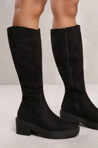 Black Suede Knee High Heeled Biker Boot