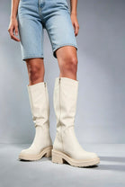 Cream PU Knee High Heeled Biker Boots
