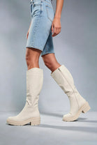 Cream PU Knee High Heeled Biker Boots