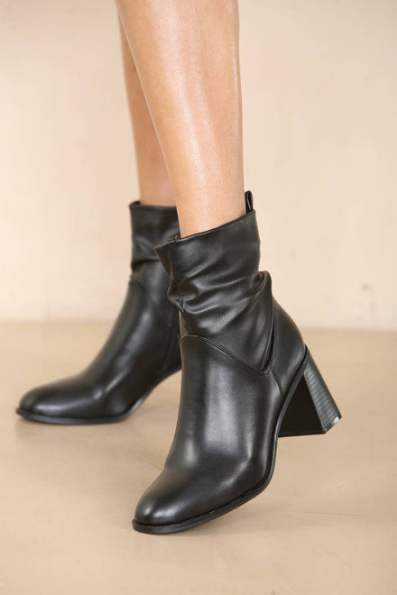 RUCHED MID BLOCK HEEL ANKLE BOOT