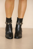 BLACK PU BLOCK HEEL ANKLE BOOTS WITH FAUX PEARL DETAIL