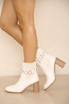 CREAM PU BLOCK HEEL ANKLE BOOTS WITH FAUX PEARL DETAIL