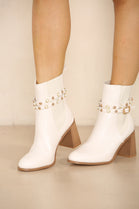 CREAM PU BLOCK HEEL ANKLE BOOTS WITH FAUX PEARL DETAIL