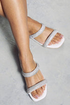 White Double Strap Embellished Sparkly Flat Slider Sandals