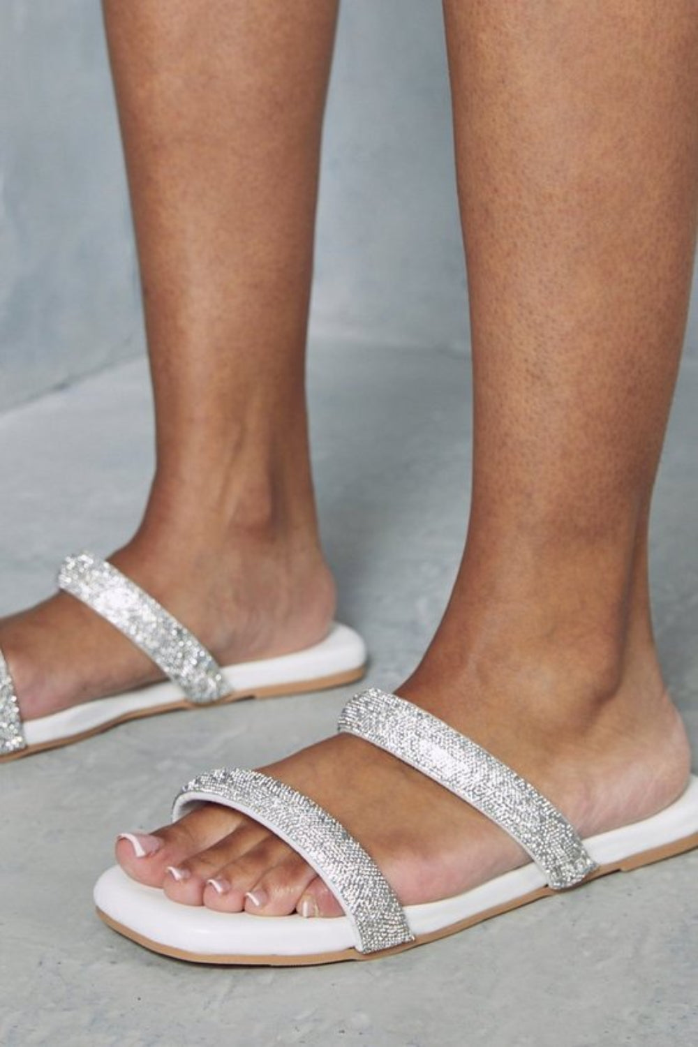 White Double Strap Embellished Sparkly Flat Slider Sandals