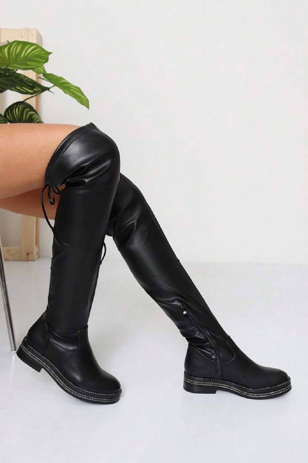 BLACK PU CHUNKY PLATFORM OVER THE KNEE DIAMANTE DETAIL LONG BOOTS