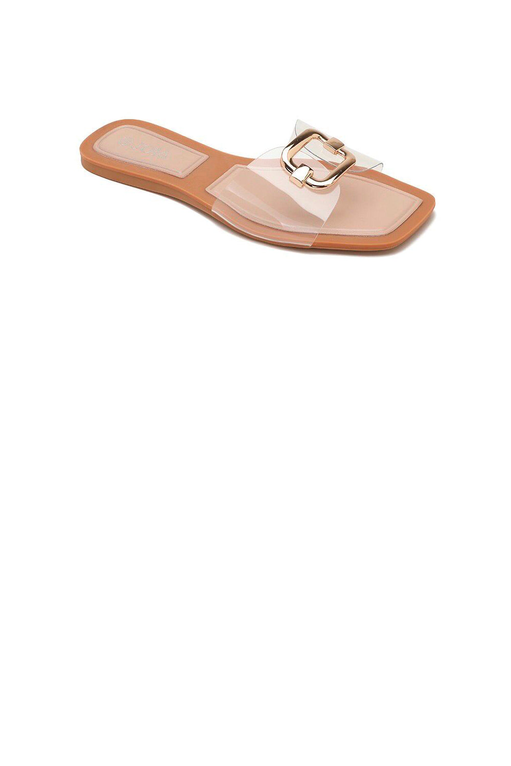 NUDE SLIP ON CLEAR PERSPEX GOLD METAL DETAIL SLIDER FLAT SANDALS