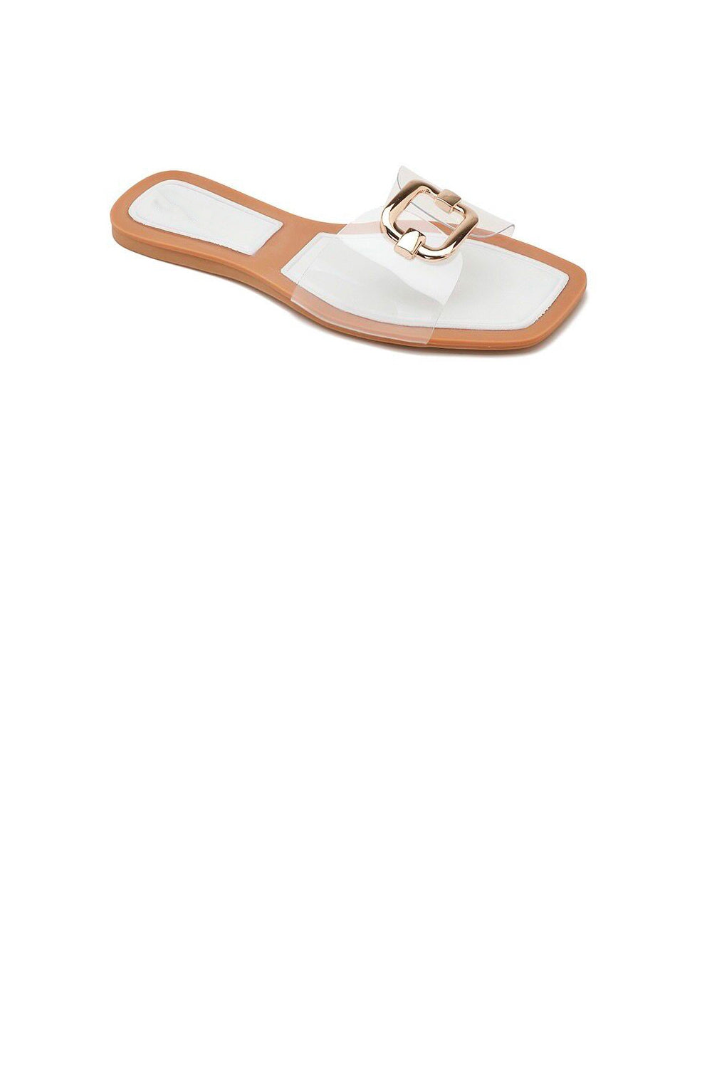 WHITE SLIP ON CLEAR PERSPEX GOLD METAL DETAIL SLIDER FLAT SANDALS