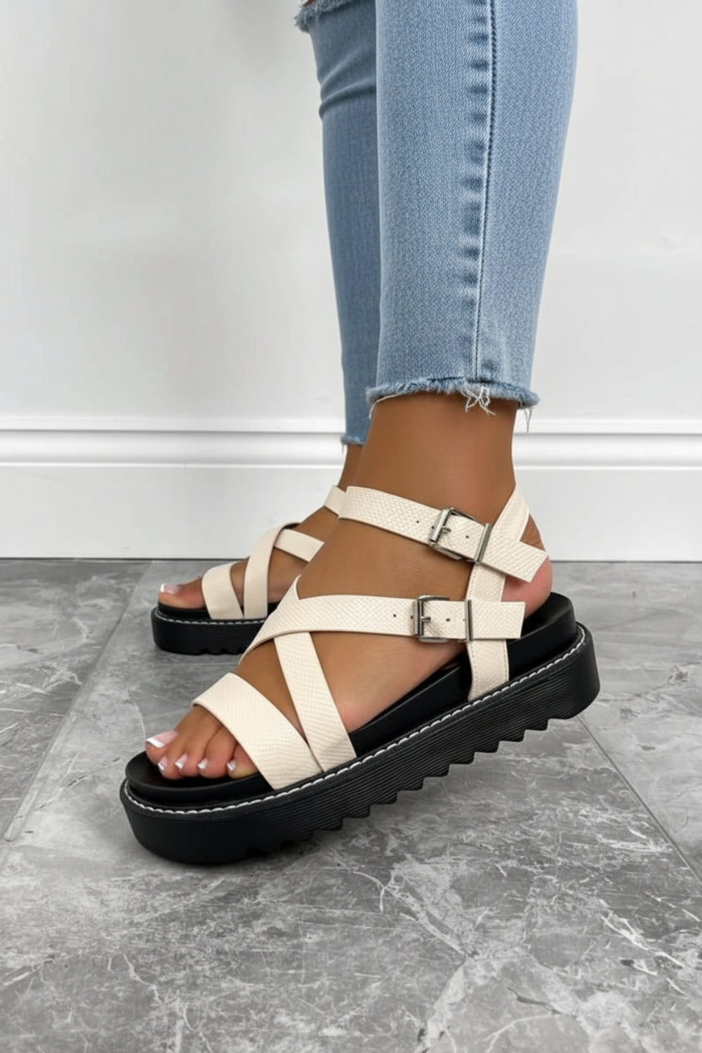 Women's Cream PU Strappy Platform Sandals