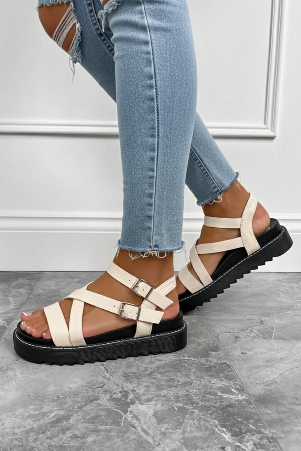 Women's Cream PU Strappy Platform Sandals