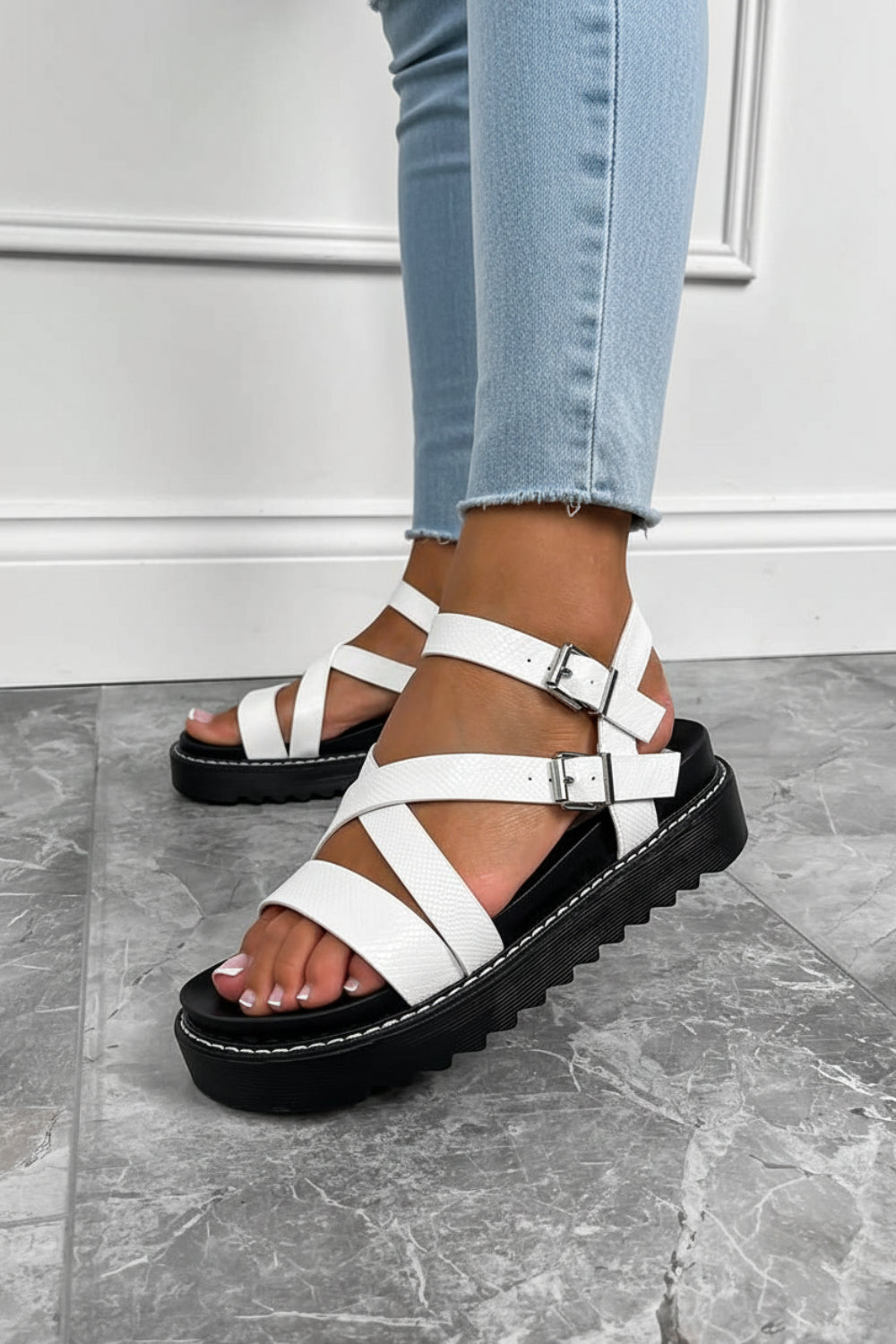 Women's White Strappy Platform Sandals