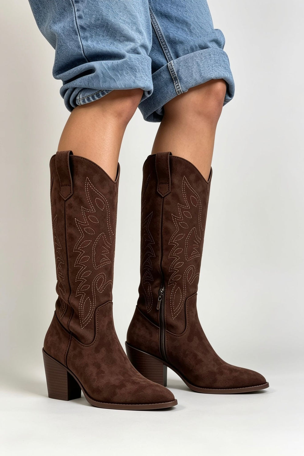 Dark Brown Embroidered Pointed Toe Western Cowboy Boots