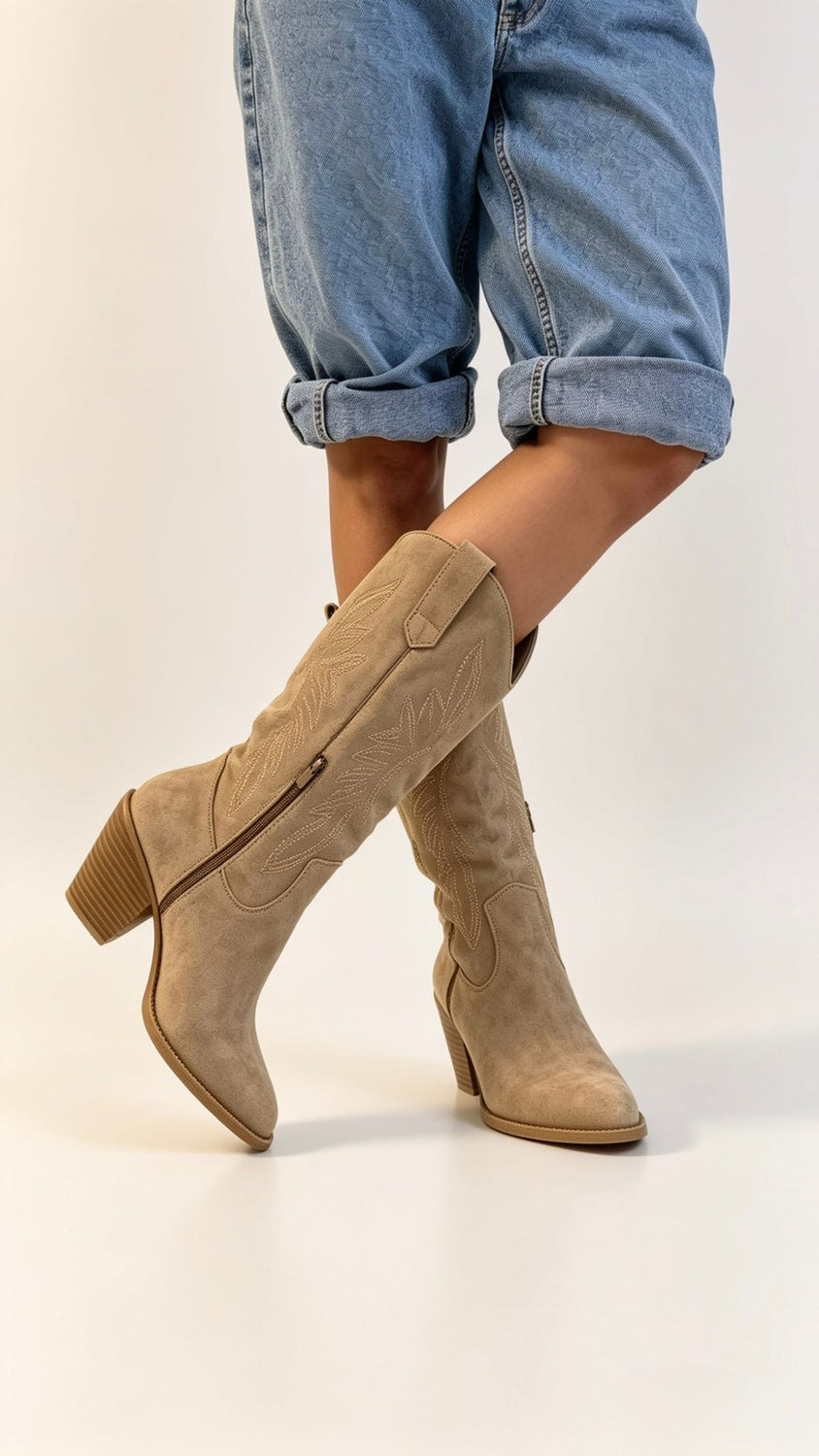 Camel Embroidered Pointed Toe Western Cowboy Boots