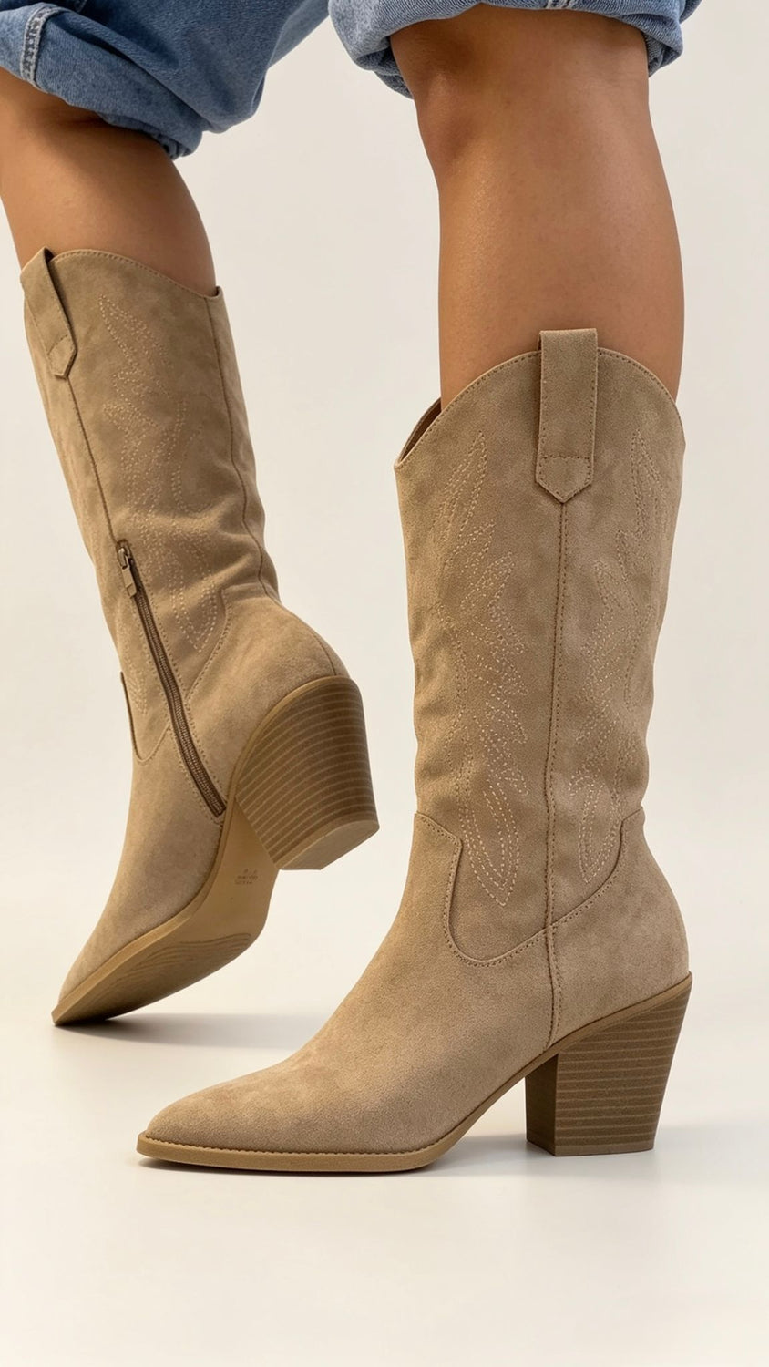 Camel Embroidered Pointed Toe Western Cowboy Boots