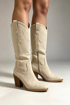 Beige Embroidered Pointed Toe Western Cowboy Boots