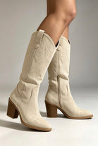 Beige Embroidered Pointed Toe Western Cowboy Boots