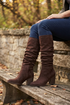 Dark Brown Suede Slouch Knee High Wide Calf Cowboy Boots