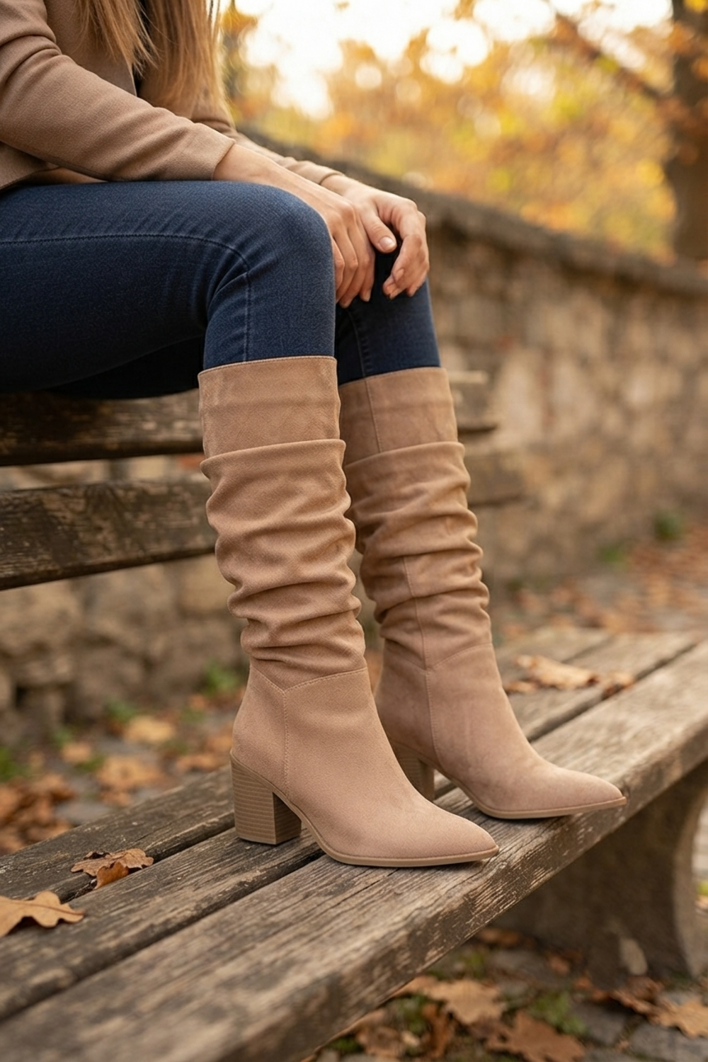 Camel Suede Slouch Knee High Wide Calf Cowboy Boots