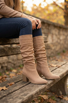 Camel Suede Slouch Knee High Wide Calf Cowboy Boots