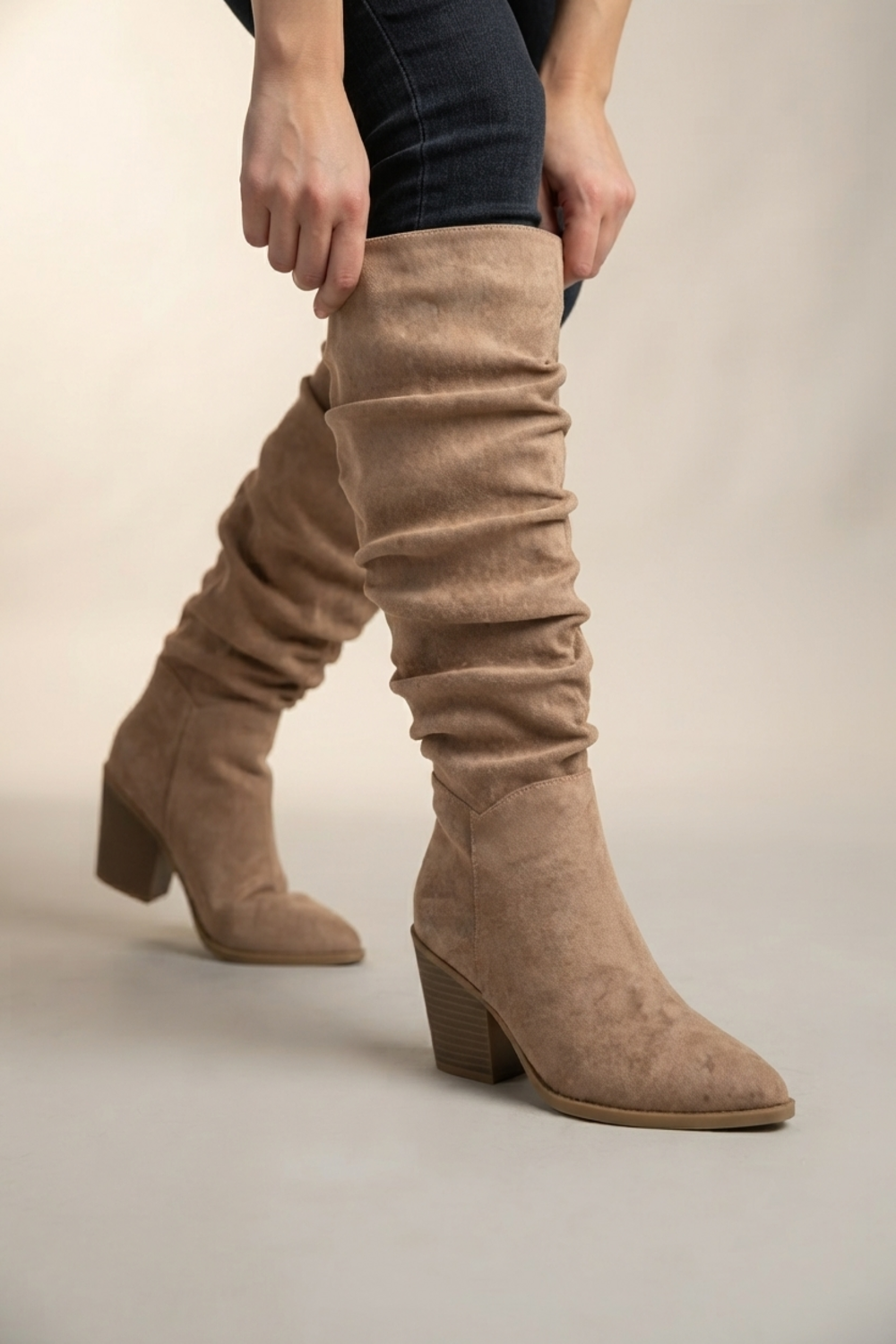 Camel Suede Slouch Knee High Wide Calf Cowboy Boots
