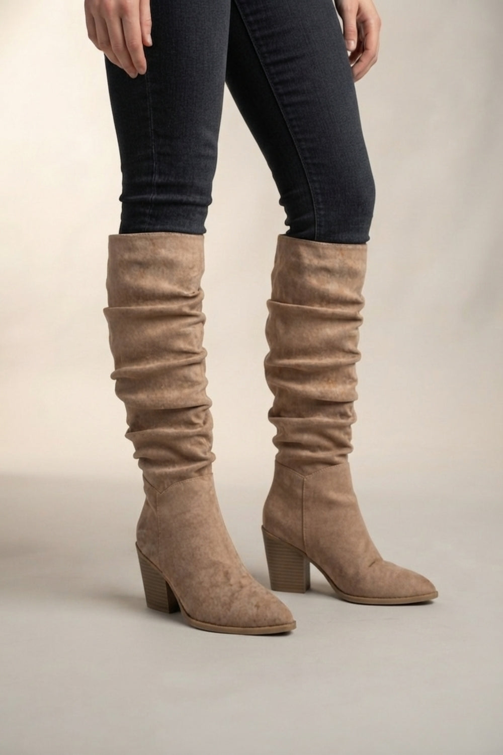 Camel Suede Slouch Knee High Wide Calf Cowboy Boots