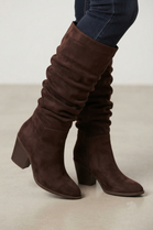 Dark Brown Suede Slouch Knee High Wide Calf Cowboy Boots