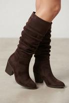 Dark Brown Suede Slouch Knee High Wide Calf Cowboy Boots