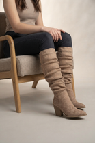 Camel Suede Slouch Knee High Wide Calf Cowboy Boots