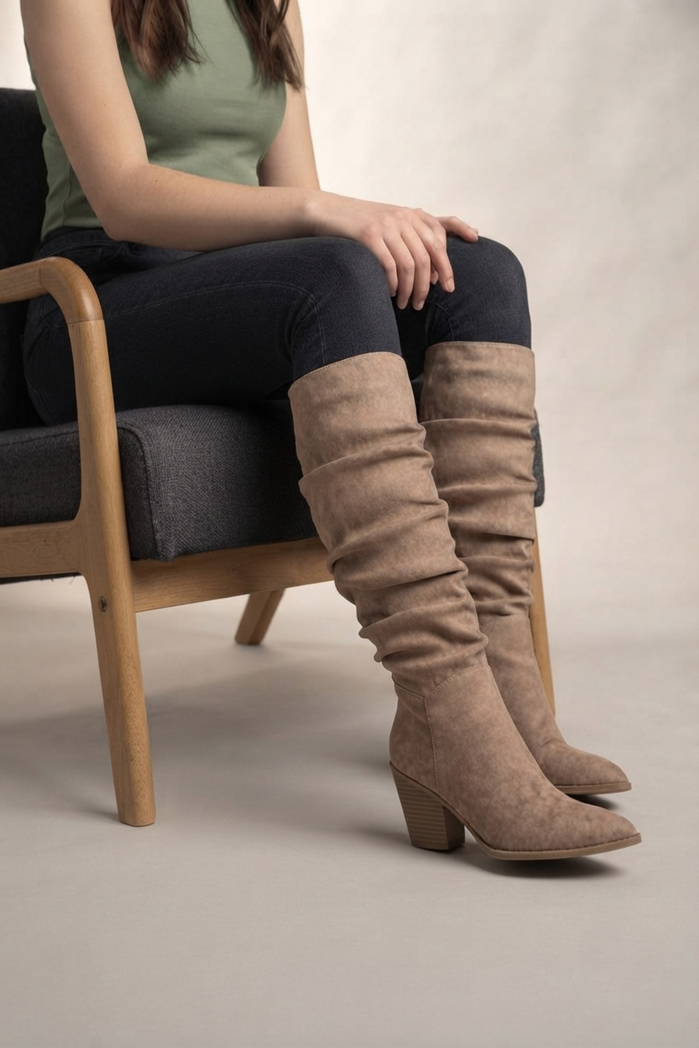 Camel Suede Slouch Knee High Wide Calf Cowboy Boots