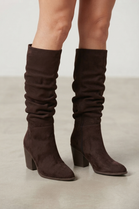 Dark Brown Suede Slouch Knee High Wide Calf Cowboy Boots